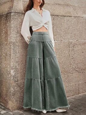 Boho Washed Green Tiered Wide Leg Pants – Size 28 (New)